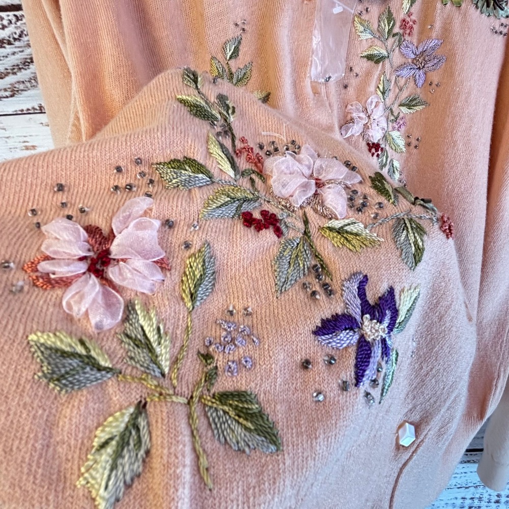 Vintage Embroidered Beaded Cardigan L Peach Ramie/Rayon 3D Ribbon Floral Whimsy - Picture 13 of 16